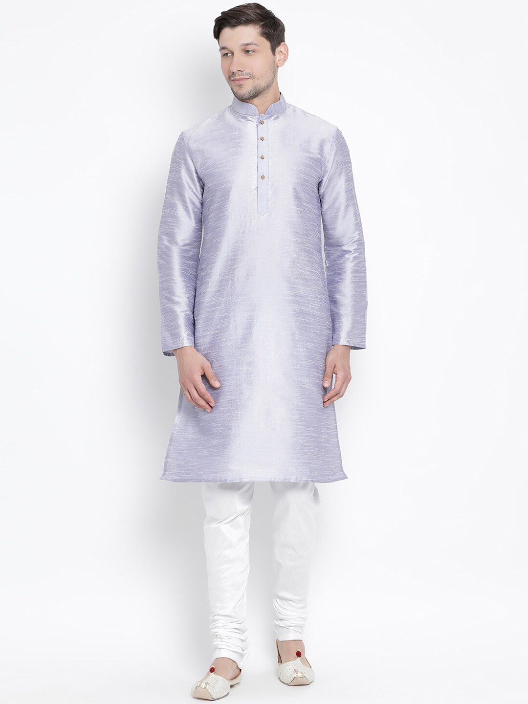 

VASTRAMAY Mandarin Collar Kurta With Churidar Set, Lavender