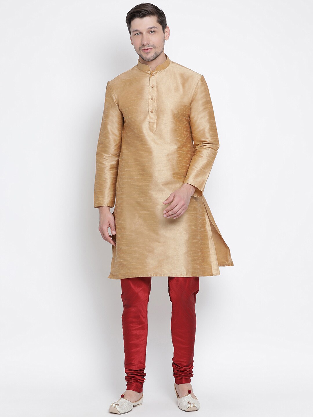 

VASTRAMAY Mandarin Collar Regular Straight Kurta With Churidar, Rose gold