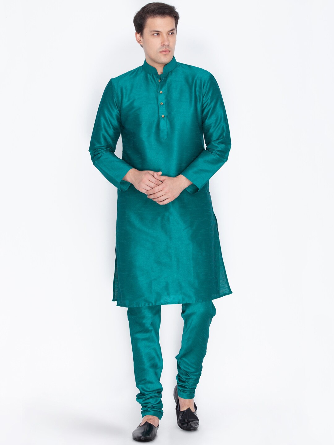 

VASTRAMAY Mandarin Collar Straight Kurta with Churidar, Green