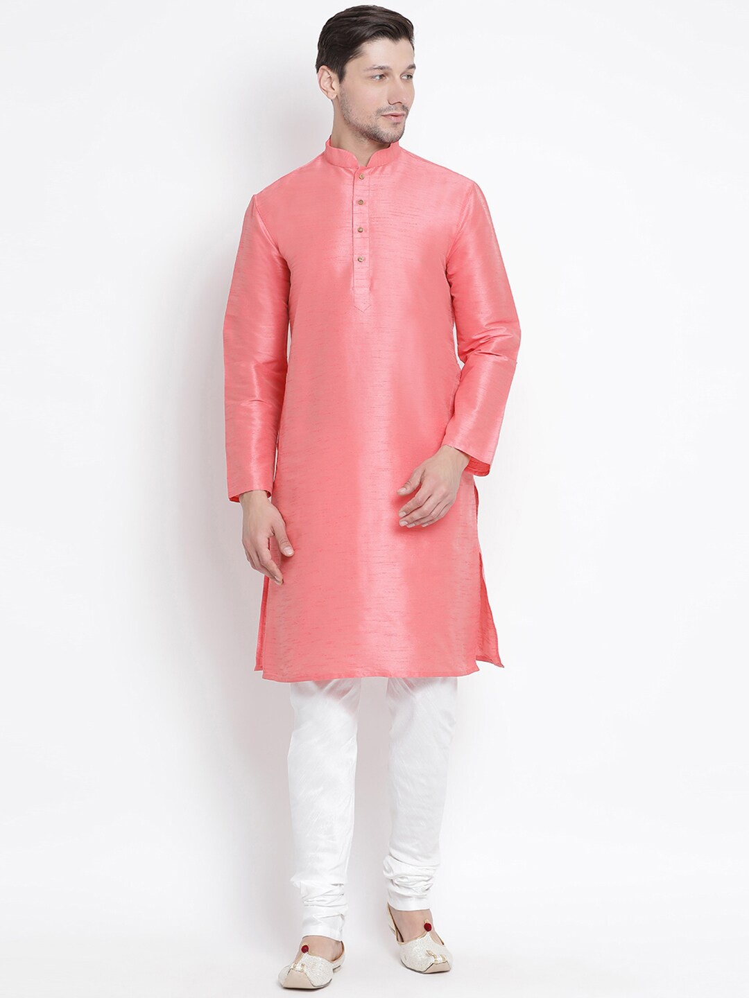 

VASTRAMAY Mandarin Collar Regular Straight Kurta With Churidar, Pink