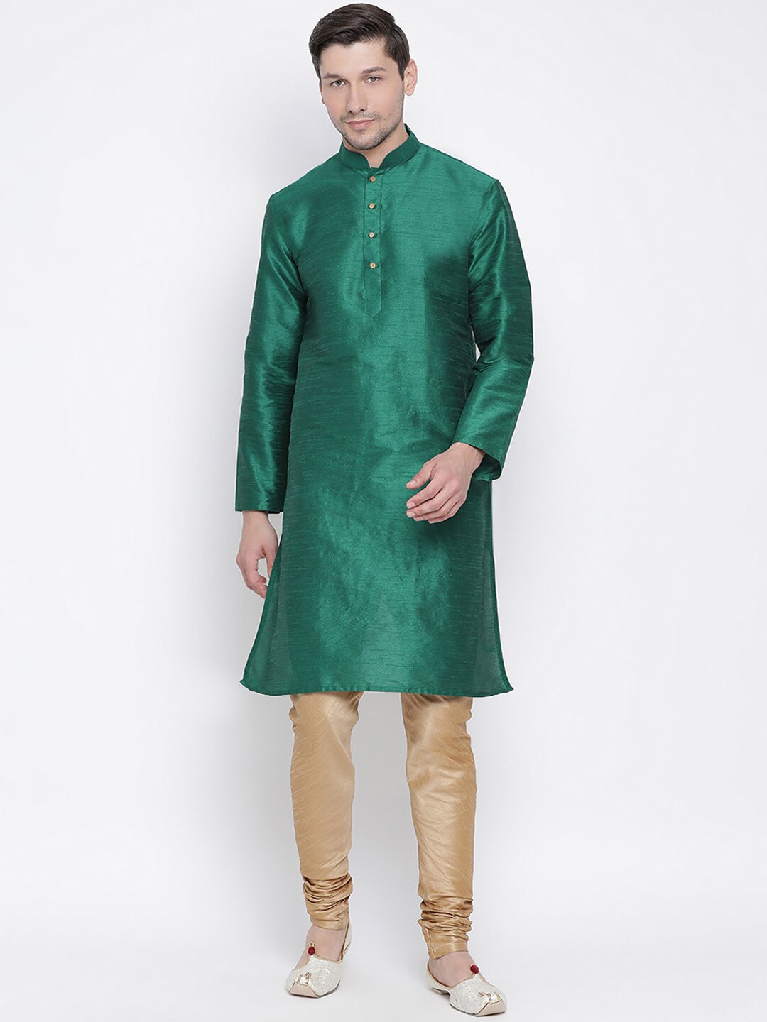 

VASTRAMAY Mandarin Collar Long Sleeves Straight Kurta With Churidar, Green