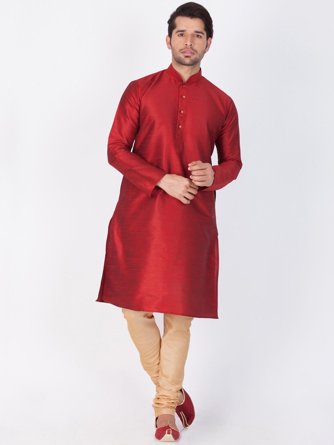 

VASTRAMAY Mandarin Collar Long Sleeves Straight Kurta With Churidar, Maroon
