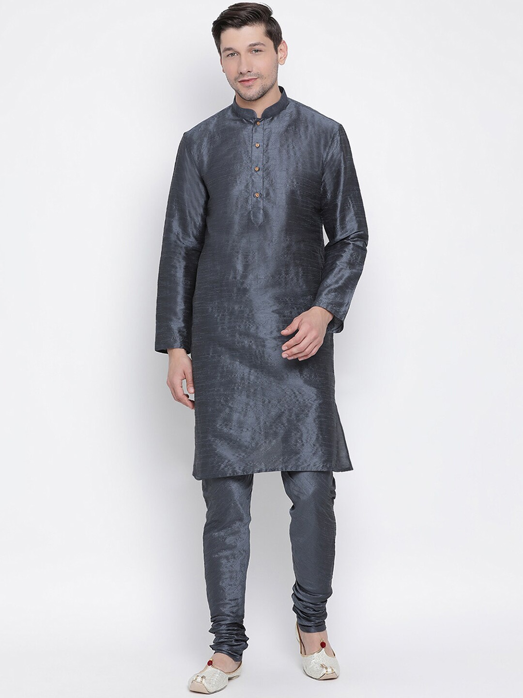 

VASTRAMAY Mandarin Collar Long Sleeves Straight Kurta With Churidar, Steel