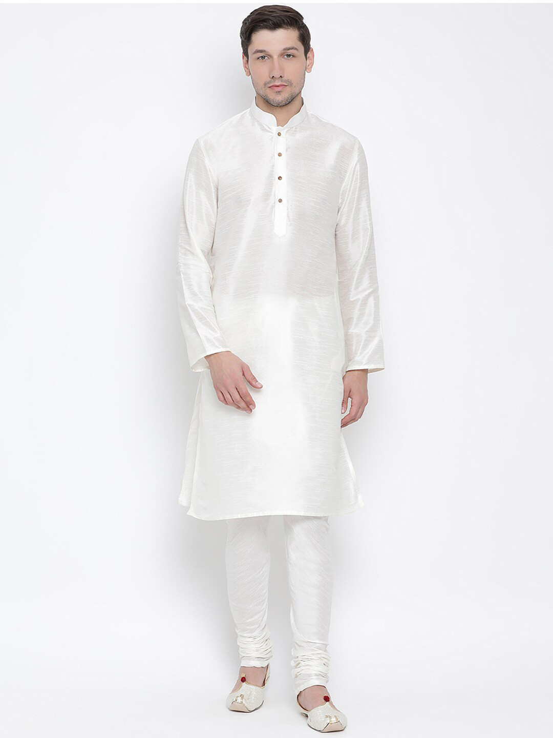 

VASTRAMAY Mandarin Collar Kurta with Churidar, White