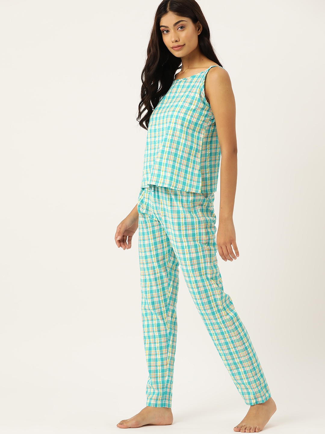 

DressBerry Checked Pure Cotton Night Suit, Blue