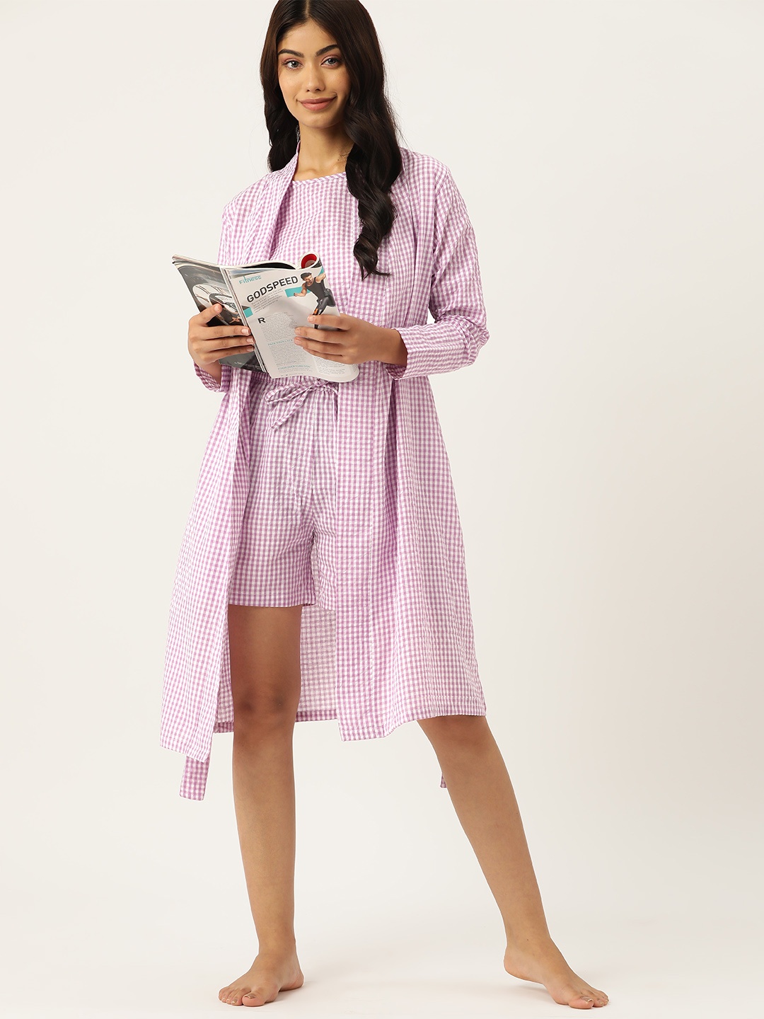 

DressBerry Women Checked Pure Cotton Night Suit With Jacket, Purple