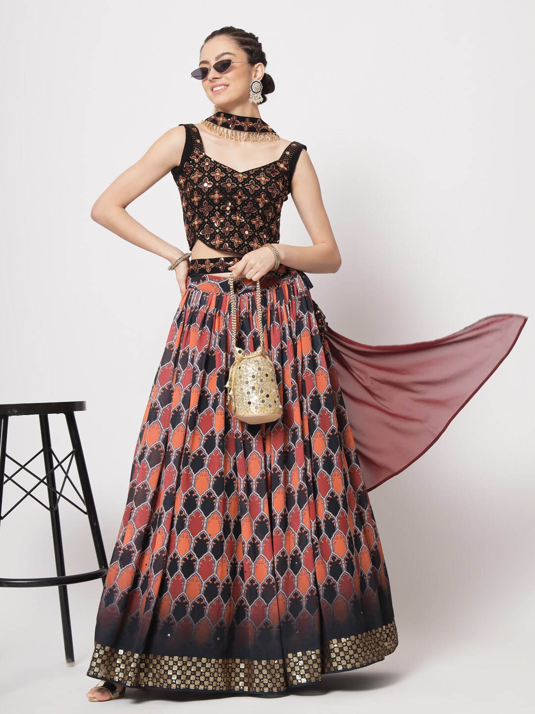 

SHUBHKALA Embroidered Mirror Work Semi-Stitched Lehenga Choli With Dupatta, Black
