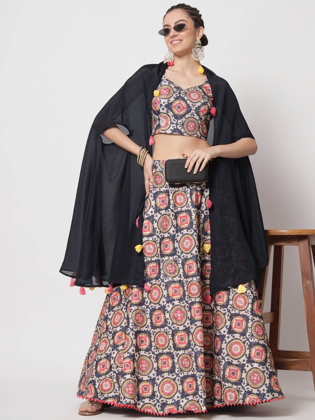 

SHUBHKALA Printed Semi-Stitched Lehenga & Unstitched Blouse With Dupatta, Navy blue