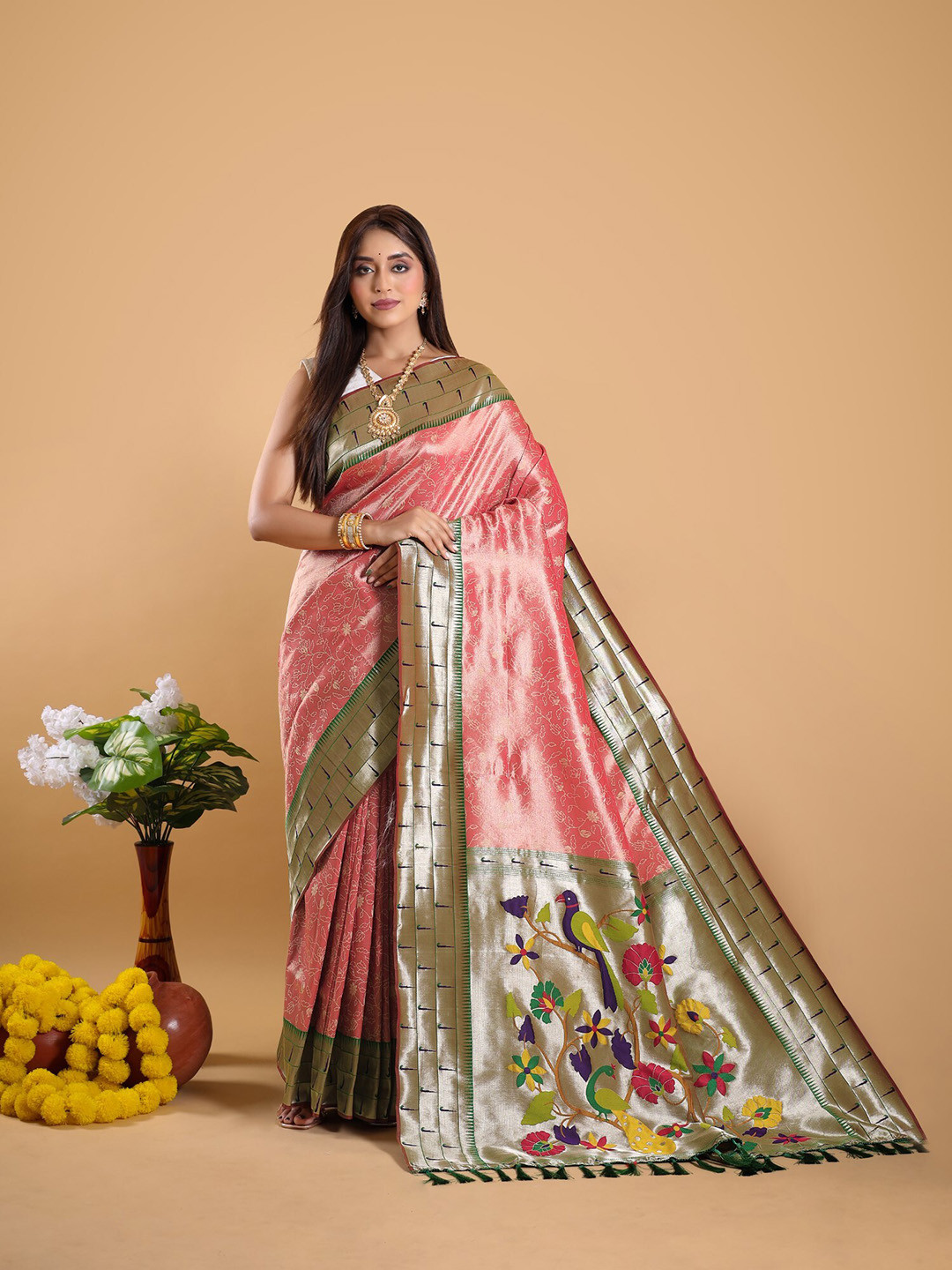 

Mitera Peach-Coloured & Green Floral Printed Zari Paithani Saree
