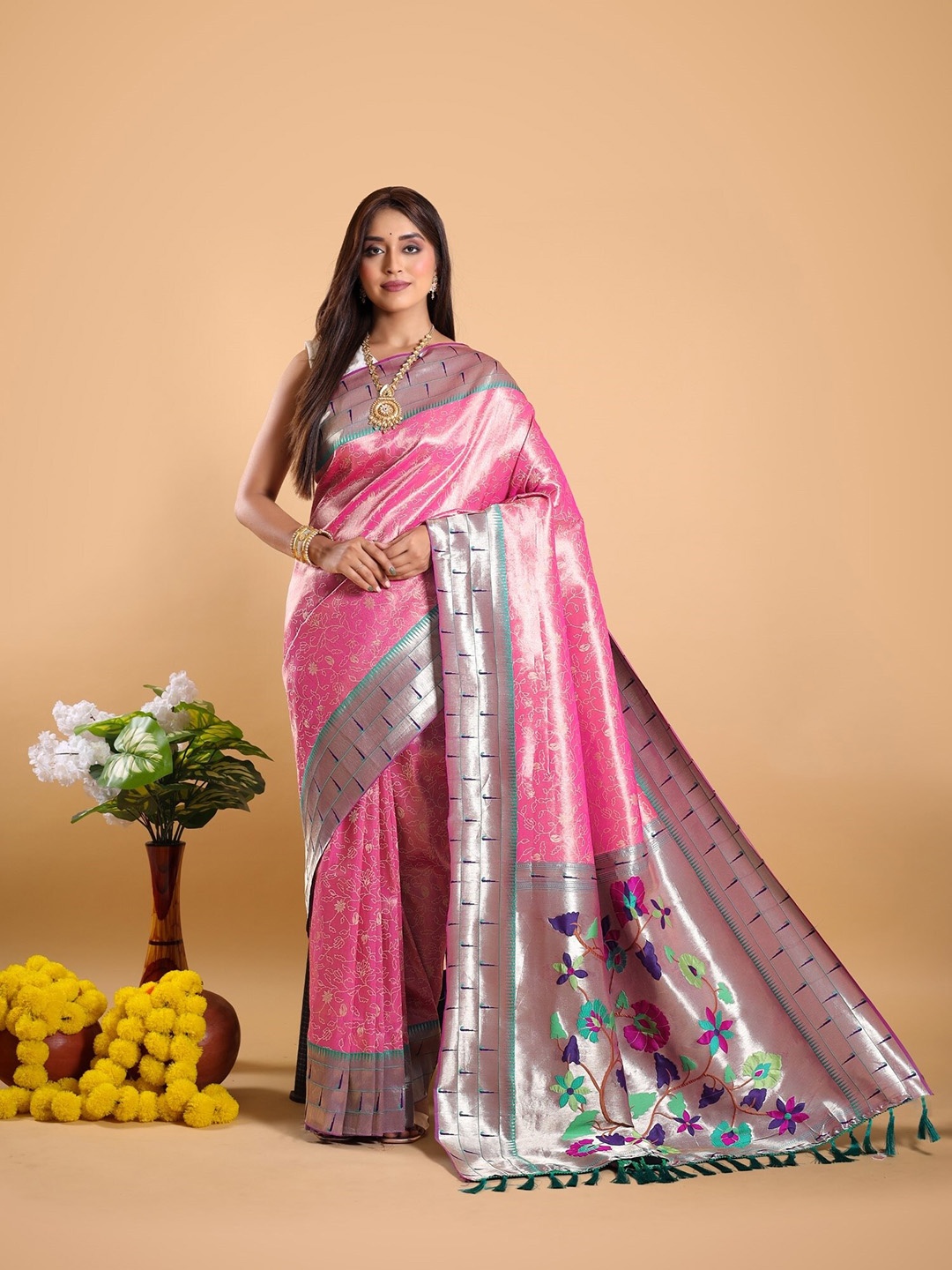 

Mitera Pink & Green Floral Printed Zari Paithani Saree