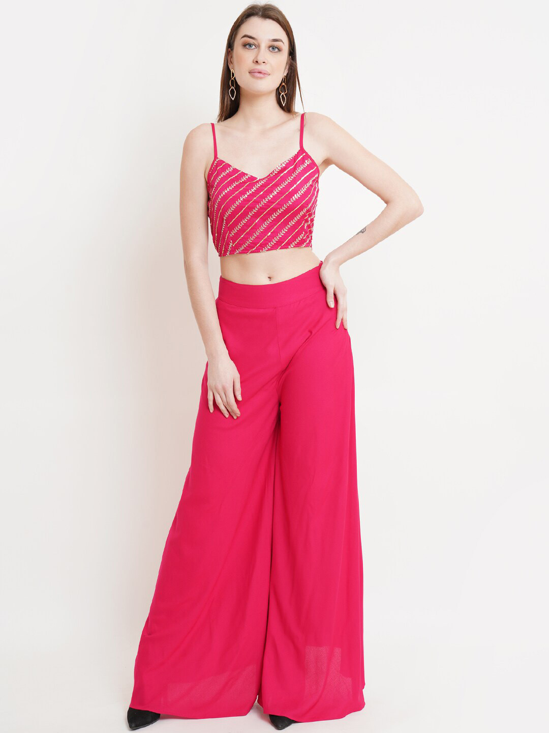 

Purple State Ethnic Motifs Thread Work Crop Top With Sharara, Magenta