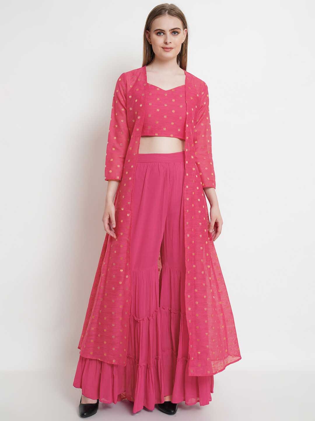 

Purple State Ethnic Motifs Regular Thread Work Top with Sharara, Pink