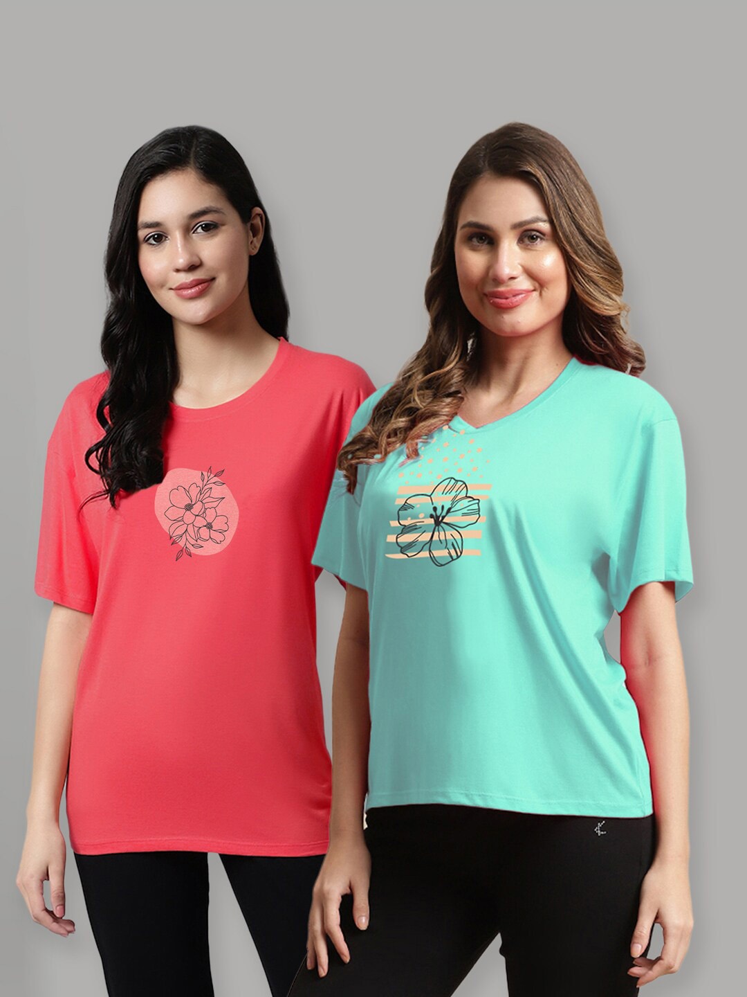 

Kanvin Red & Sea Green Pack Of 2 Printed Lounge T-shirts