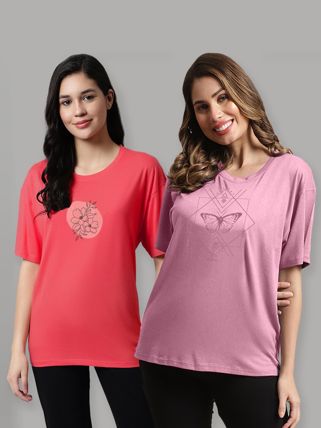 

Kanvin Red & Mauve Pack Of 2 Printed Lounge T-shirts