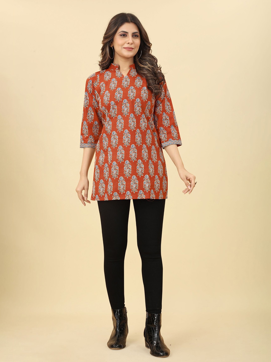 

KALINI Printed Cotton Mandarin Collar Ethnic Tunic, Orange