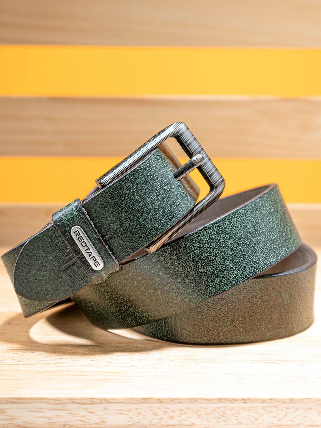 

Red Tape Men Textured Leather Tang Belt, Olive