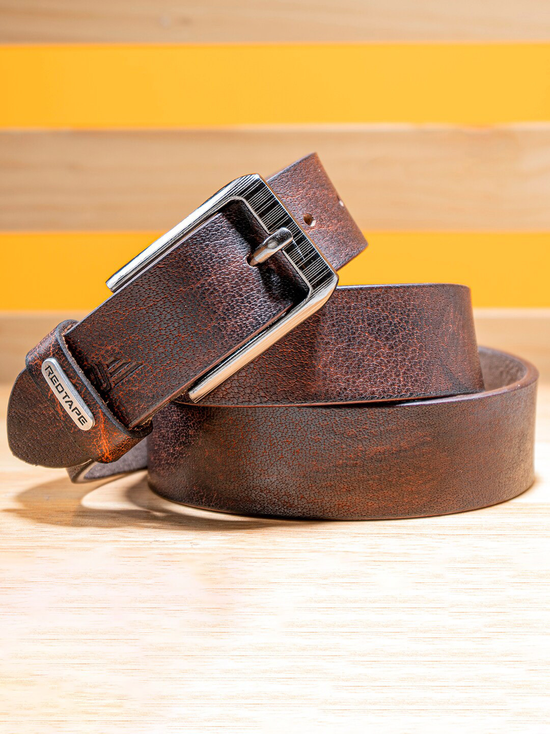 

Red Tape Men Textured Leather Tang Belt, Brown