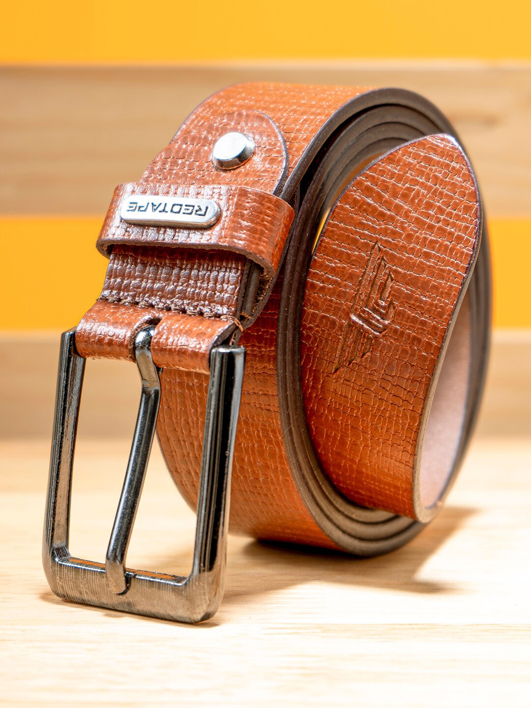 

Red Tape Men Textured Leather Tang Belt, Tan