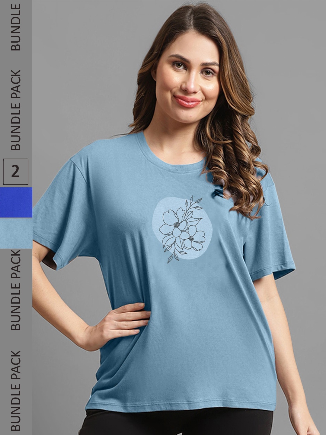 

Kanvin Women Blue Pack Of 2 Printed Drop-Shoulder Sleeves Oversized T-shirt