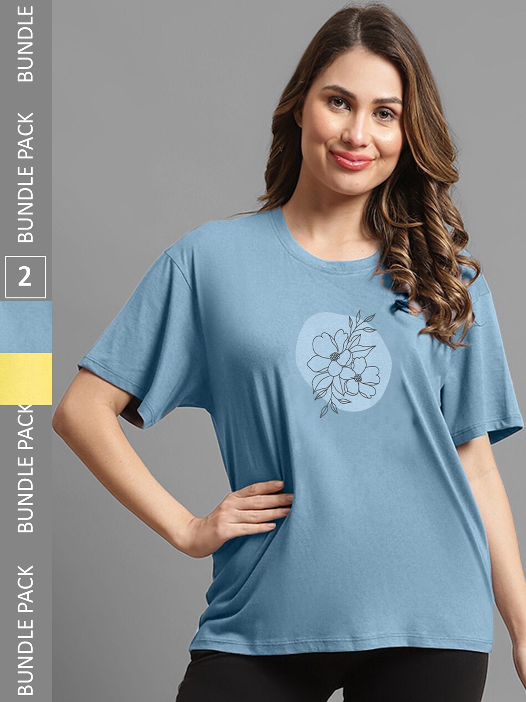 

Kanvin Pack Of 2 Lime Green & Blue Graphic Printed Oversized T-Shirt