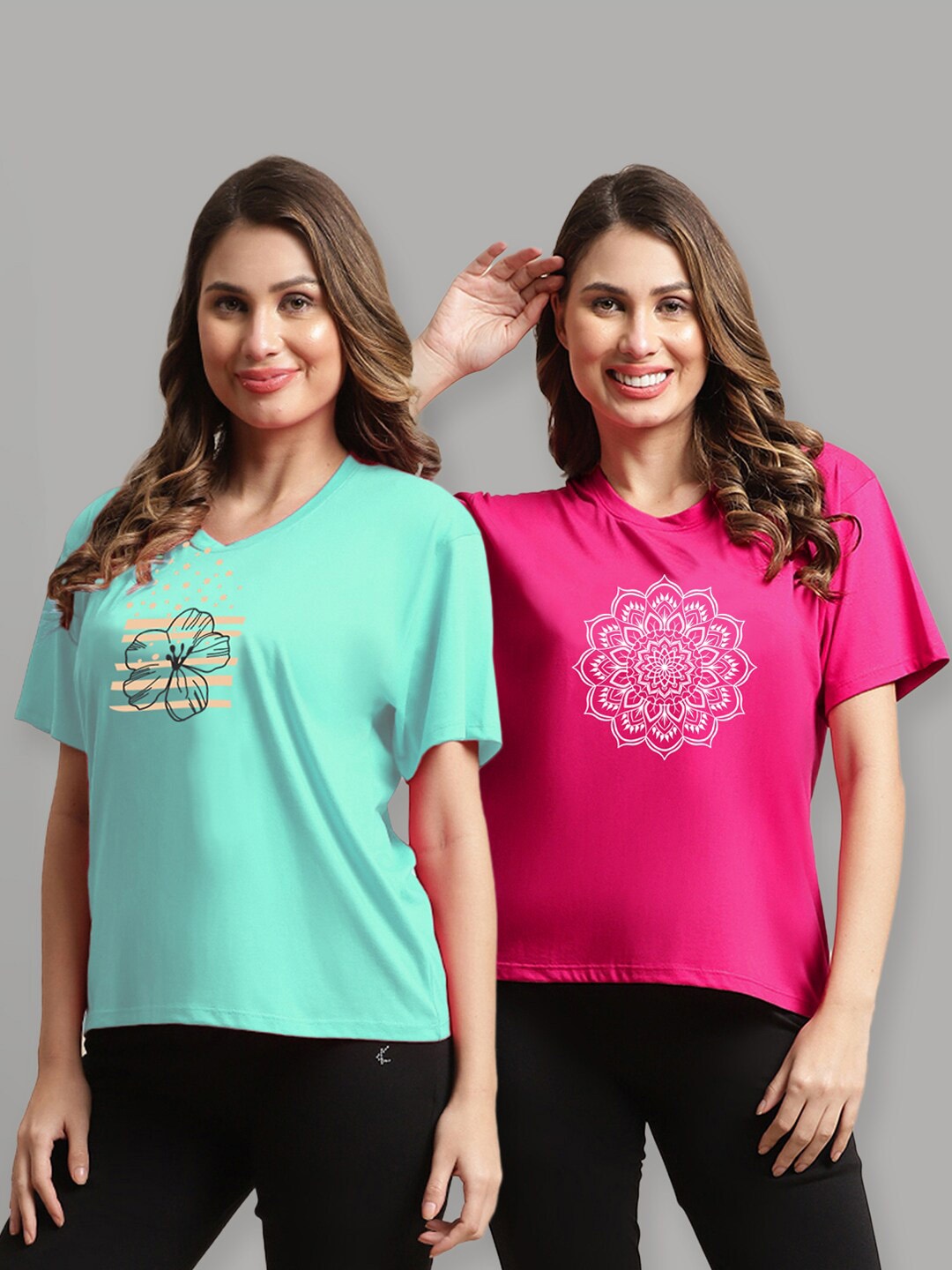 

Kanvin Pack Of 2 Green & Pink Graphic Printed Oversized T-Shirt