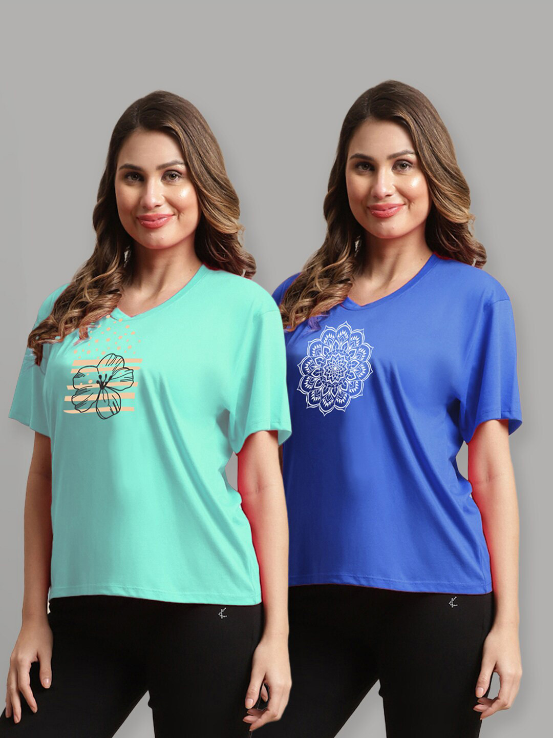 

Kanvin Sea Green & Blue Pack Of 2 Printed Drop-Shoulder Oversized T-shirt