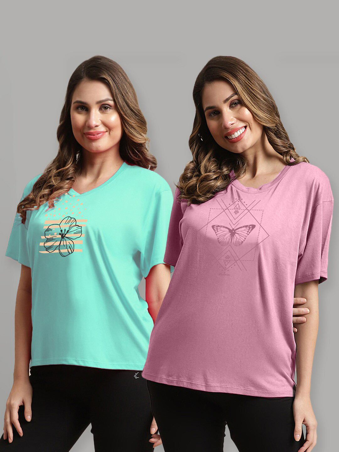 

Kanvin Sea Green & Pink Pack Of 2 Printed Drop-Shoulder Oversized T-shirt