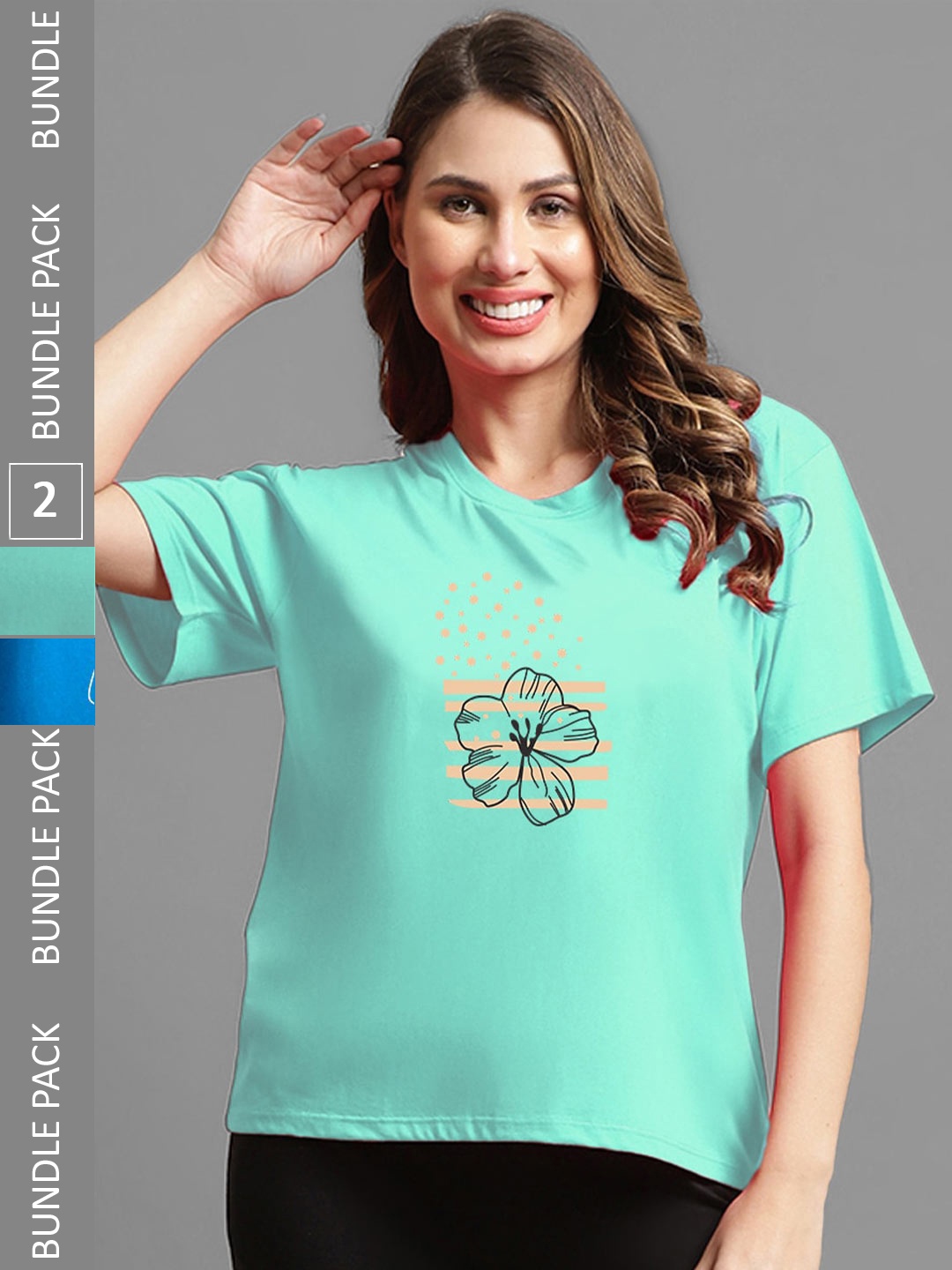 

Kanvin Pack of 2 Green & Blue Printed Oversized Fit T-shirts