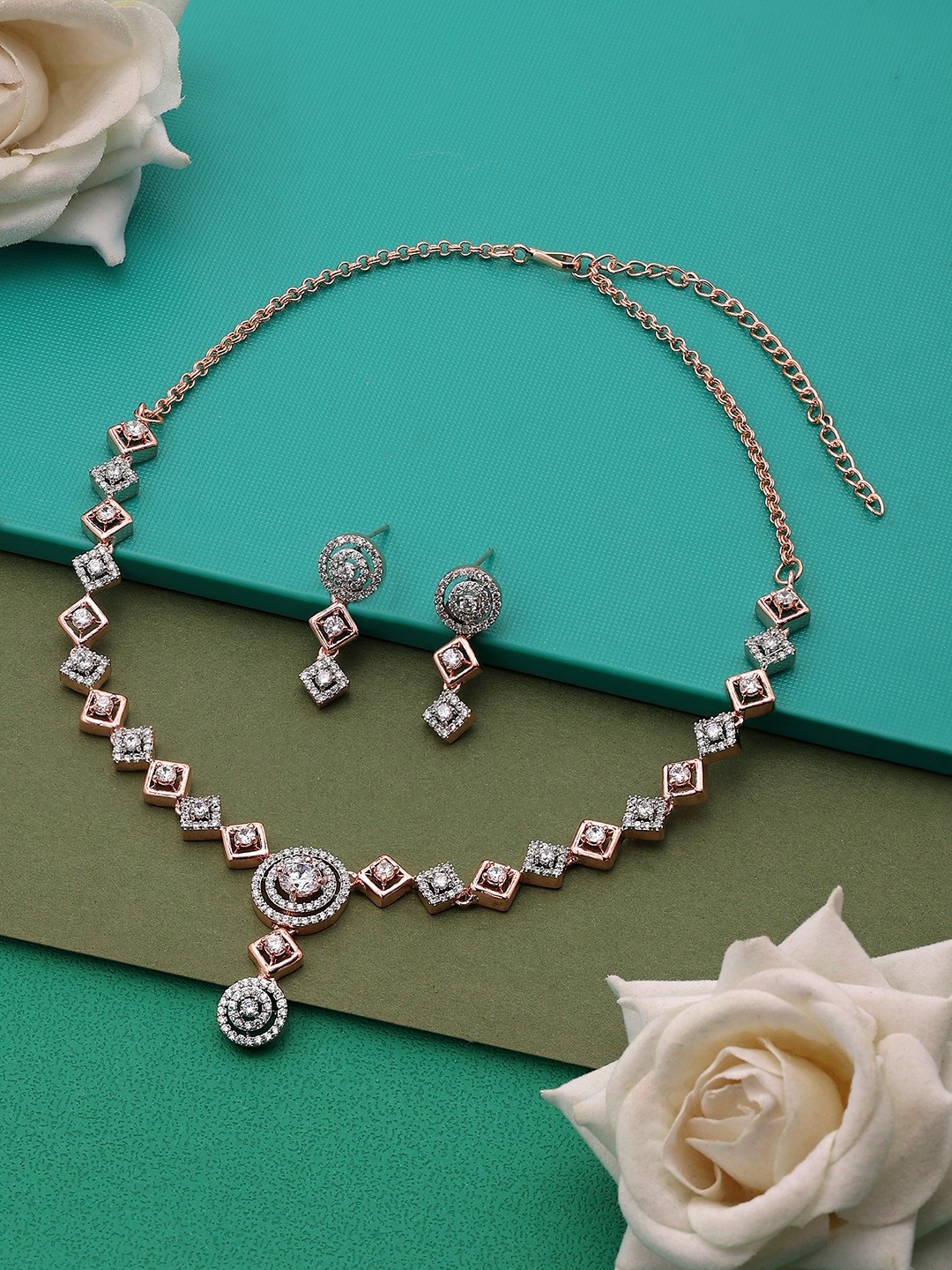 

Zaveri Pearls Rose Gold-Plated CZ Studded Necklace & Earrings