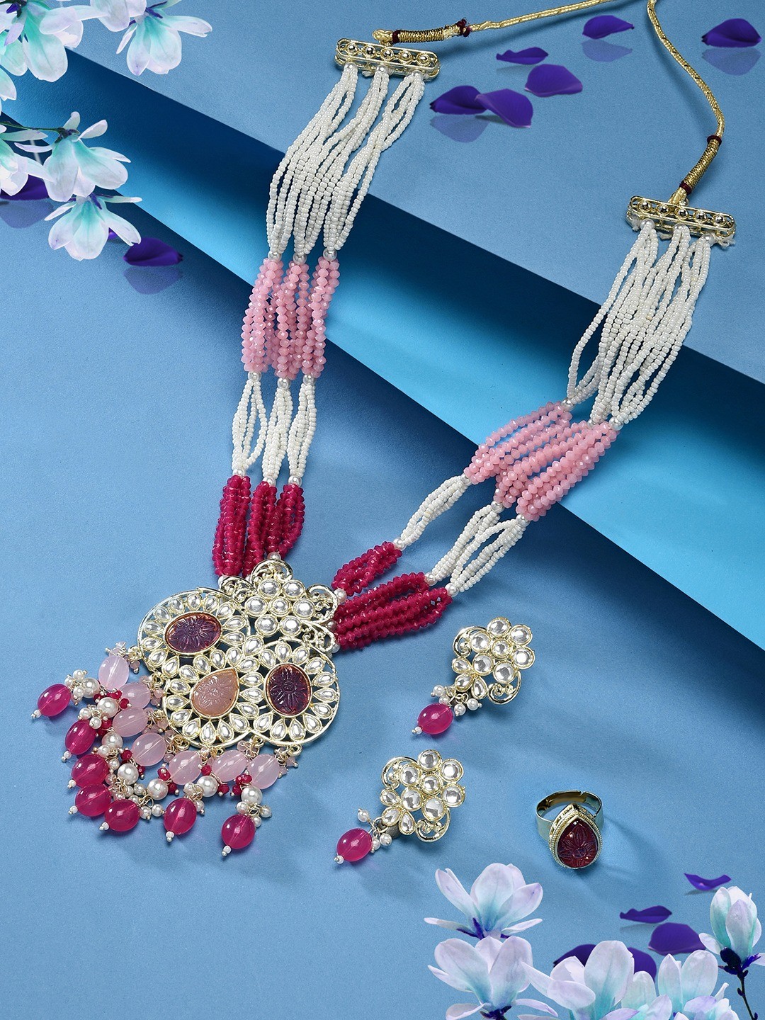 

Zaveri Pearls Gold-Plated Kundan-Studded And Beaded Necklace & Earrings With Ring Set