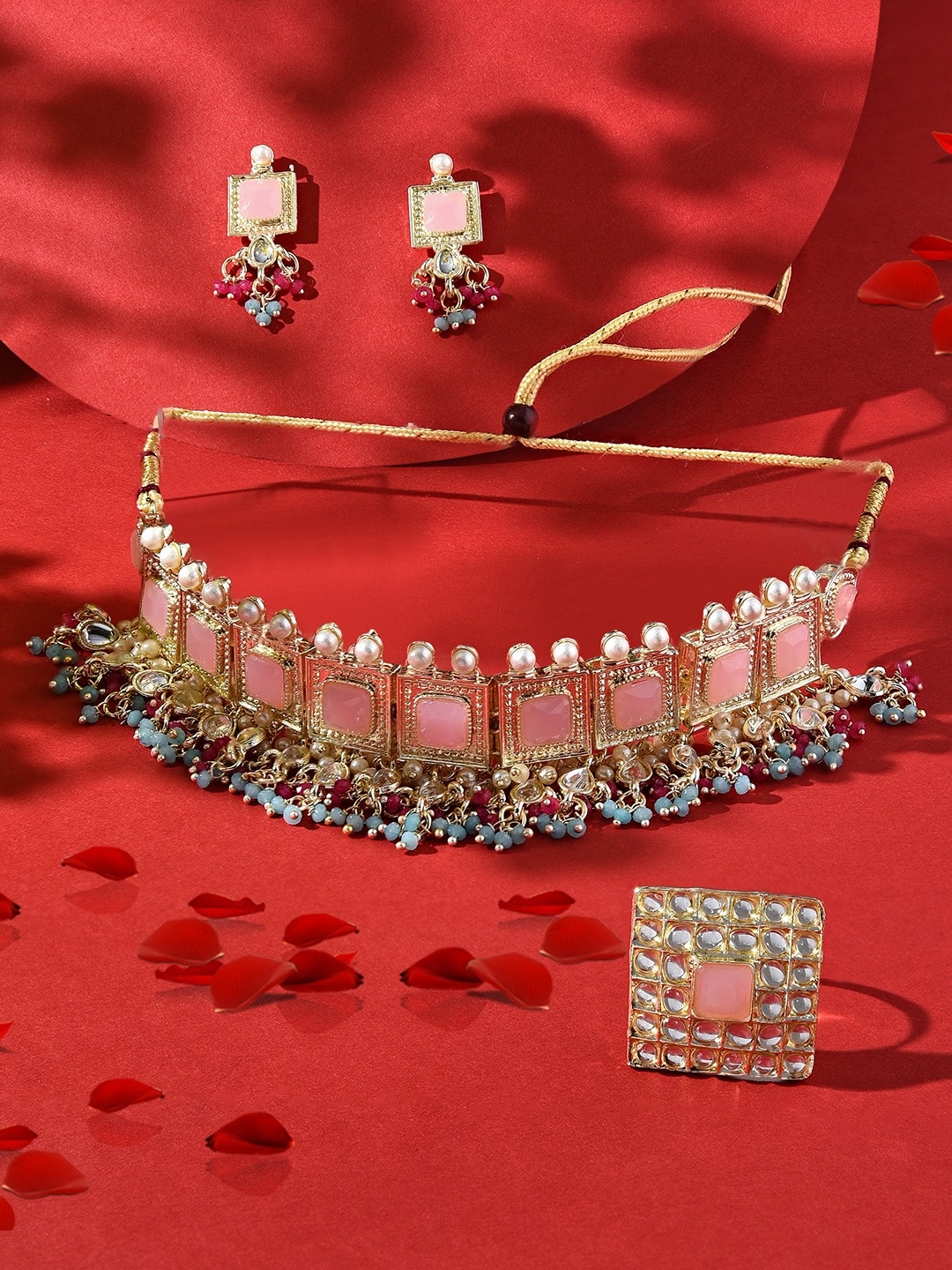 

Zaveri Pearls Gold-Plated Stone-Studded & Beaded Necklace & Earrings With Ring Set