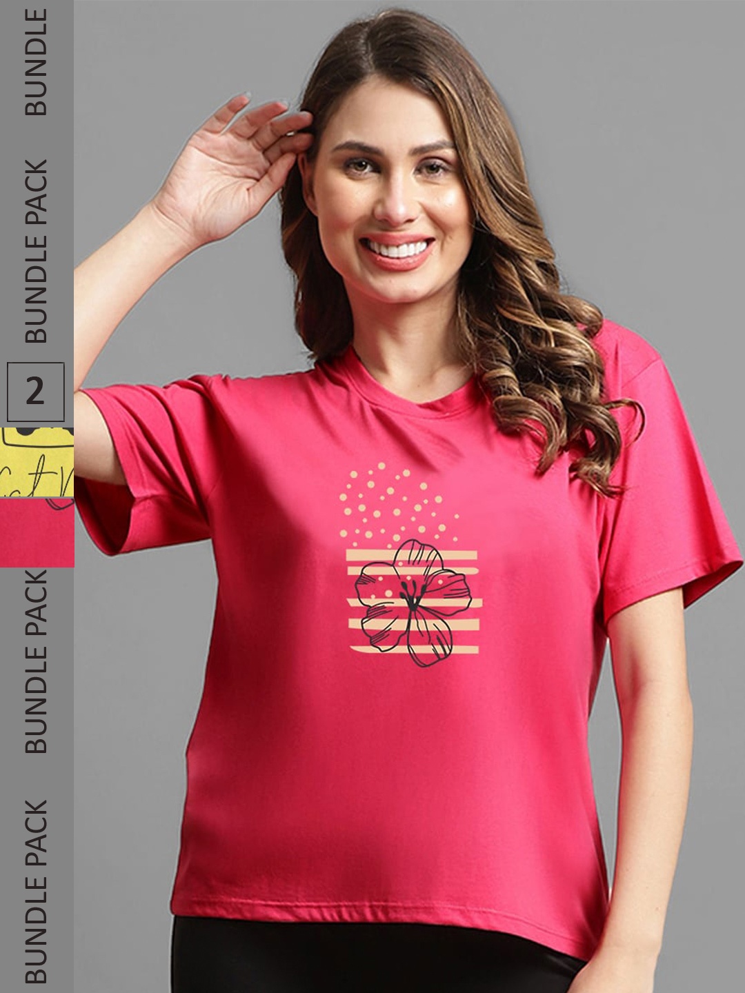 

Kanvin Pack of 2 Red & Yellow Printed Oversized Fit T-shirts