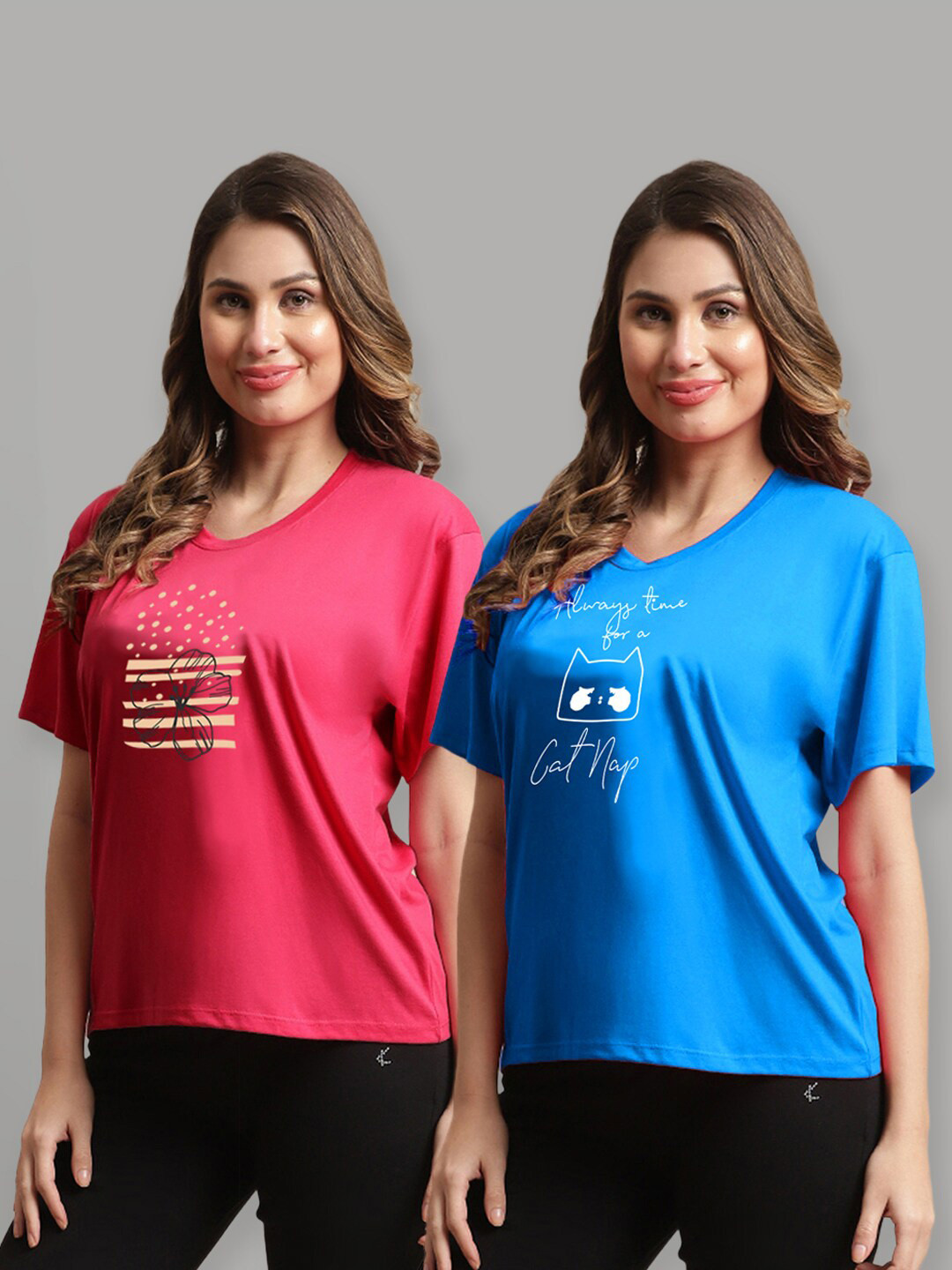 

Kanvin Red & Blue Pack of 2 Graphic Print Oversized Model T-shirt