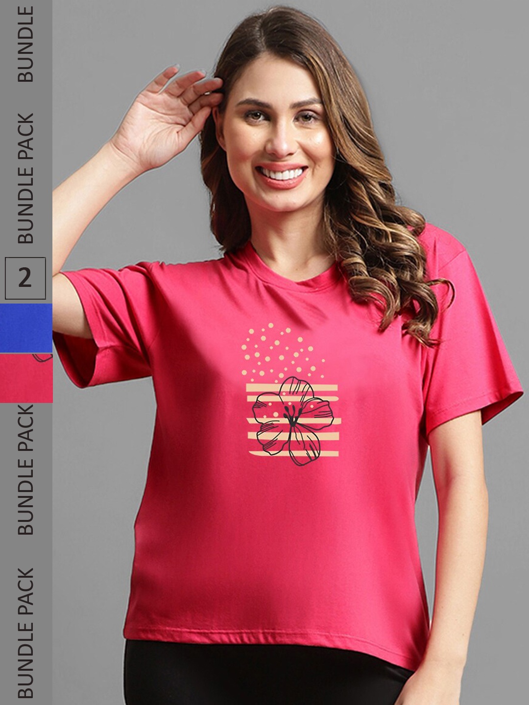 

Kanvin Pack of 2 Red & Blue Floral Printed Oversized Fit T-shirts