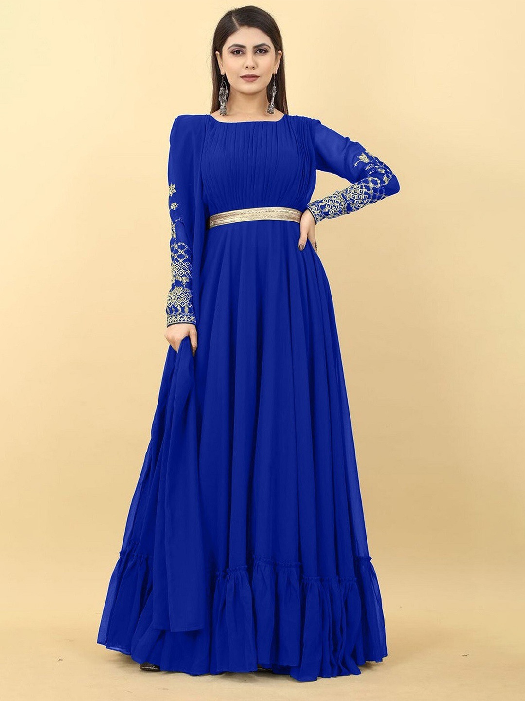 

Fashion Basket Sequined Georgette Maxi Ethnic Dress With Belt & Dupatta, Blue