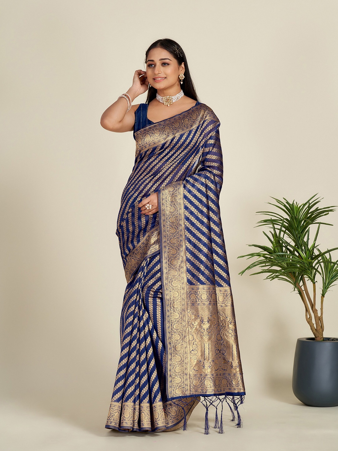 

Anouk Navy Blue & Gold-Toned Striped Woven Design Zari Organza Saree