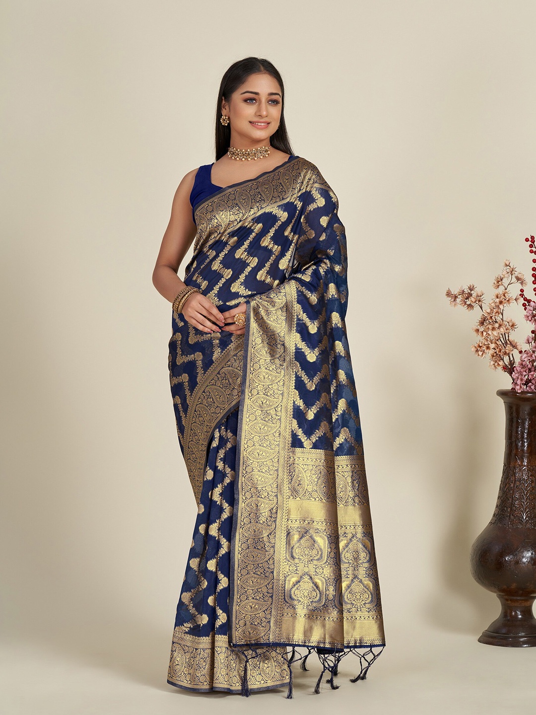 

Anouk Navy Blue & Gold-Toned Floral Woven Design Zari Organza Saree