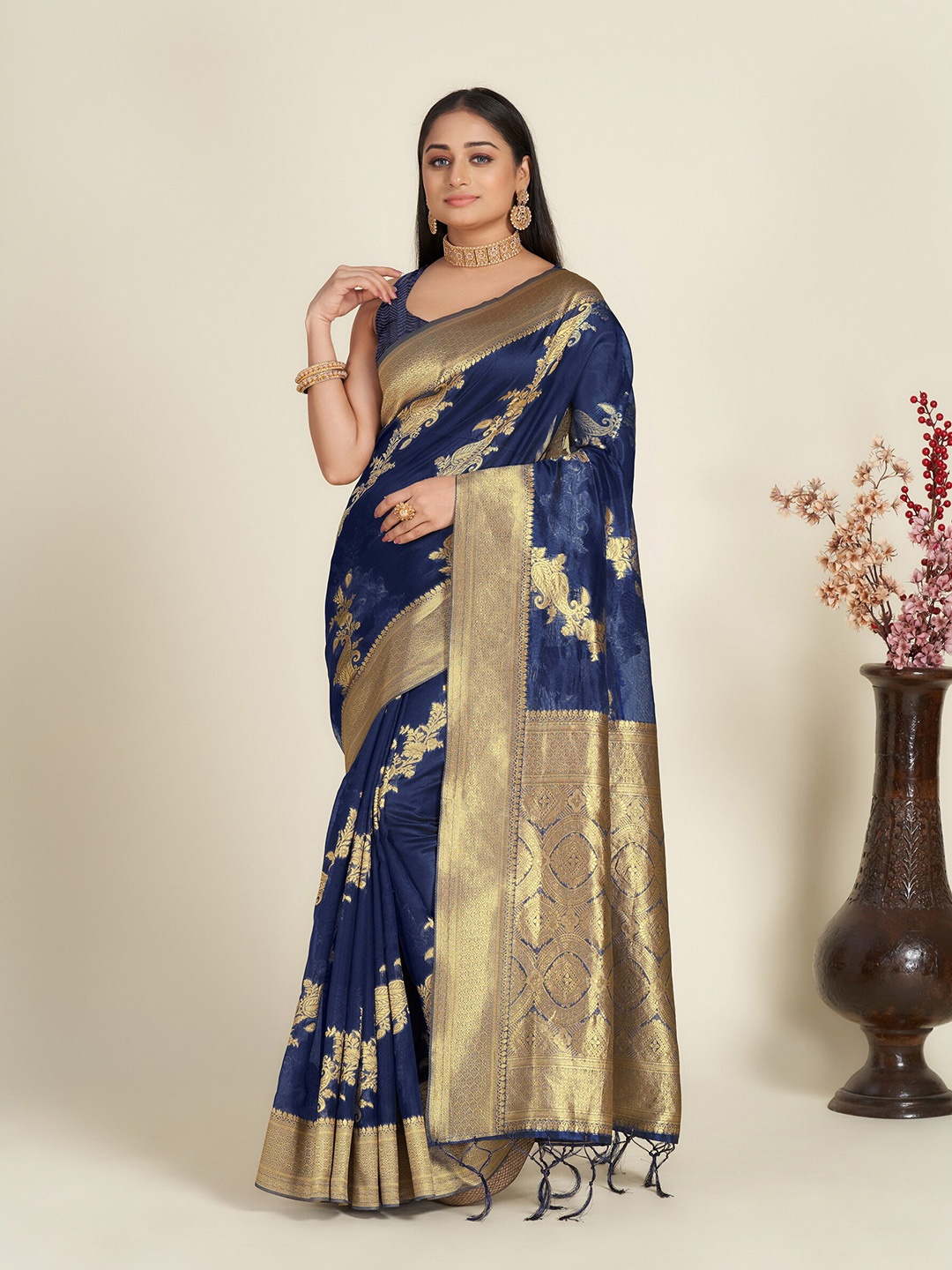 

Anouk Navy Blue & Gold-Toned Floral Woven Design Zari Organza Saree