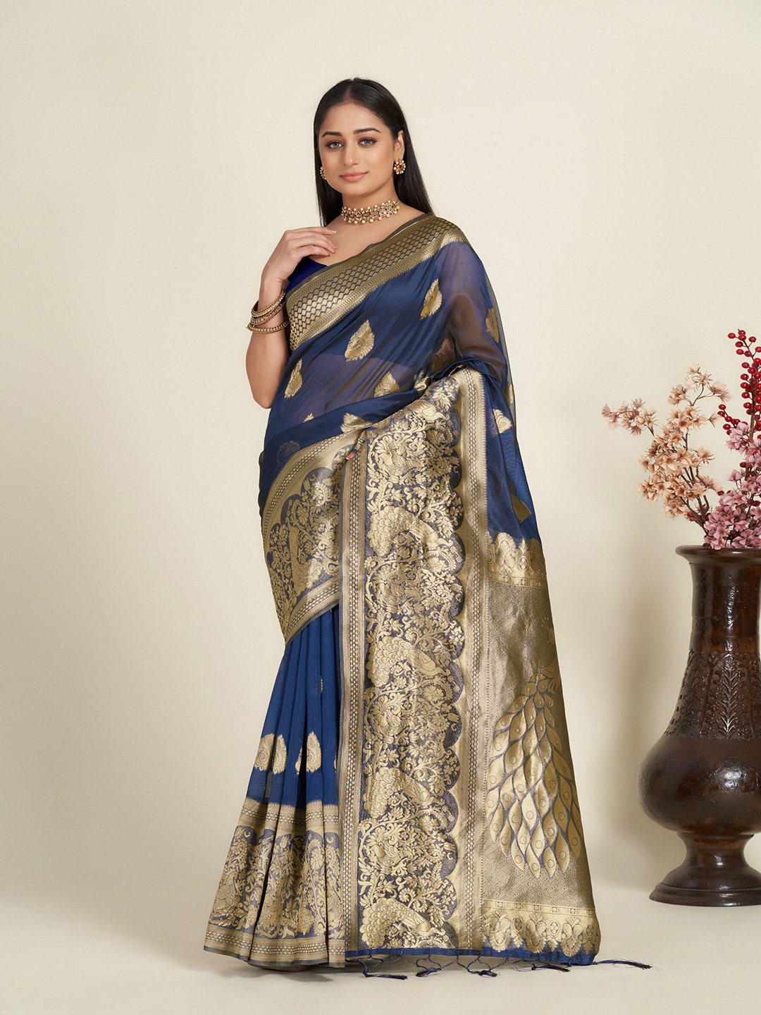 

Anouk Navy Blue & Gold-Toned Ethnic Motif Woven Design Zari Organza Saree