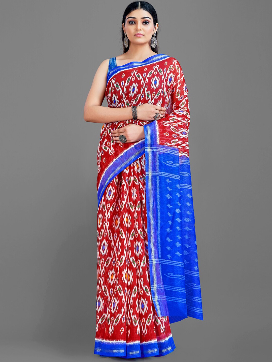 

Shaily Red & Blue Ethnic Motifs Printed Zari Saree