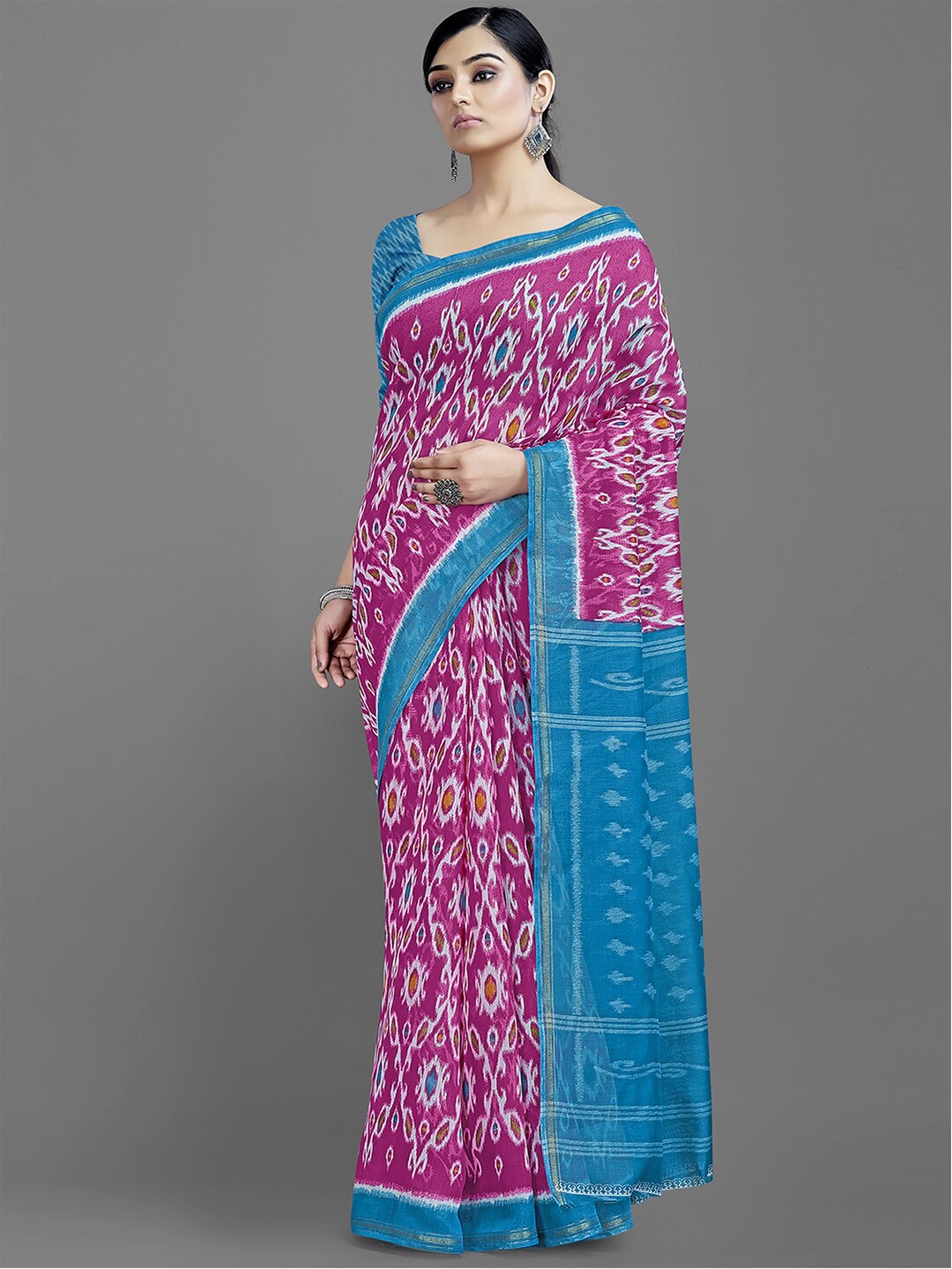 

Shaily Pink & Blue Ethnic Motifs Printed Zari Saree