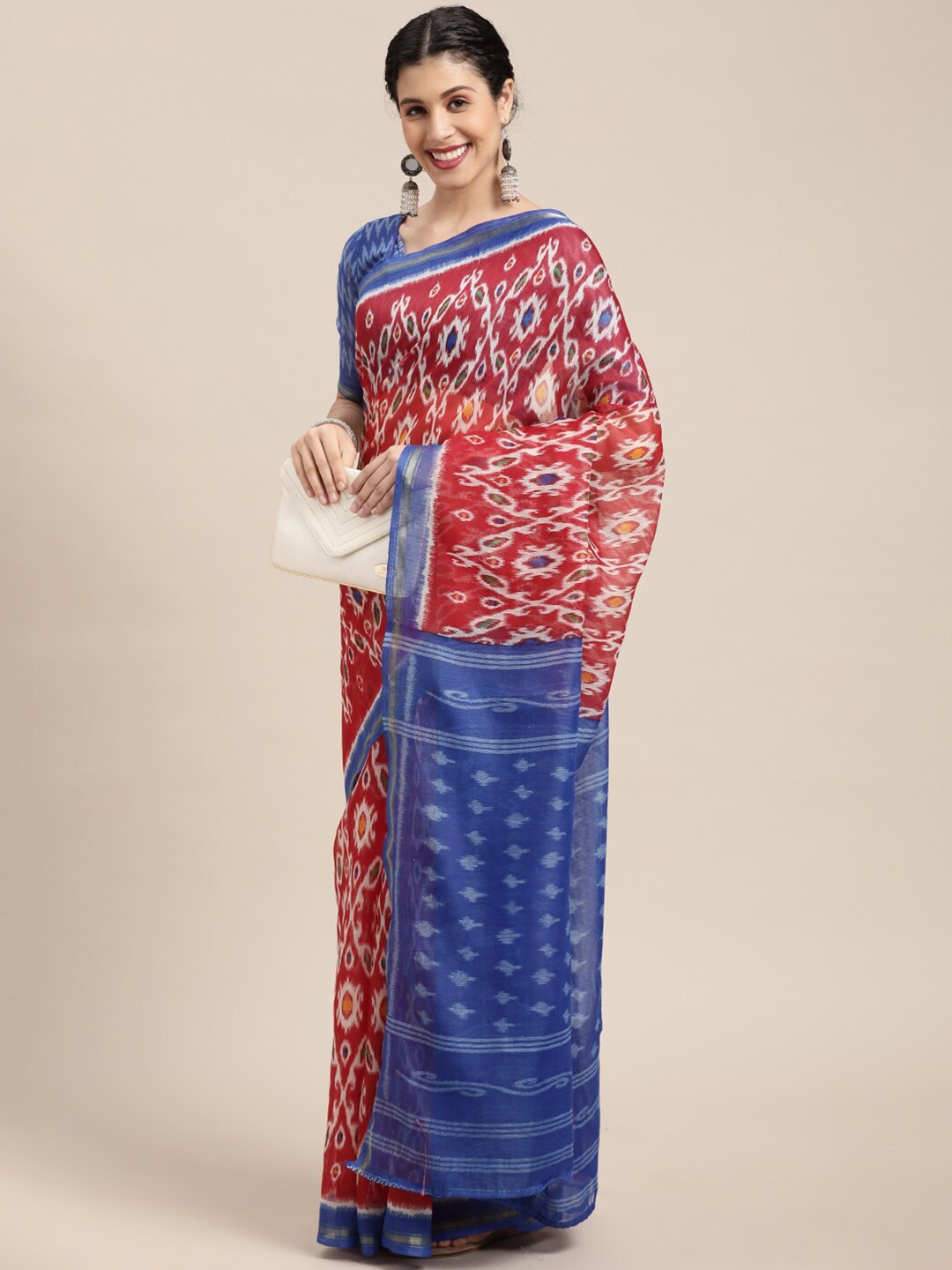 

Shaily Red & Blue Ethnic Motifs Printed Zari Saree
