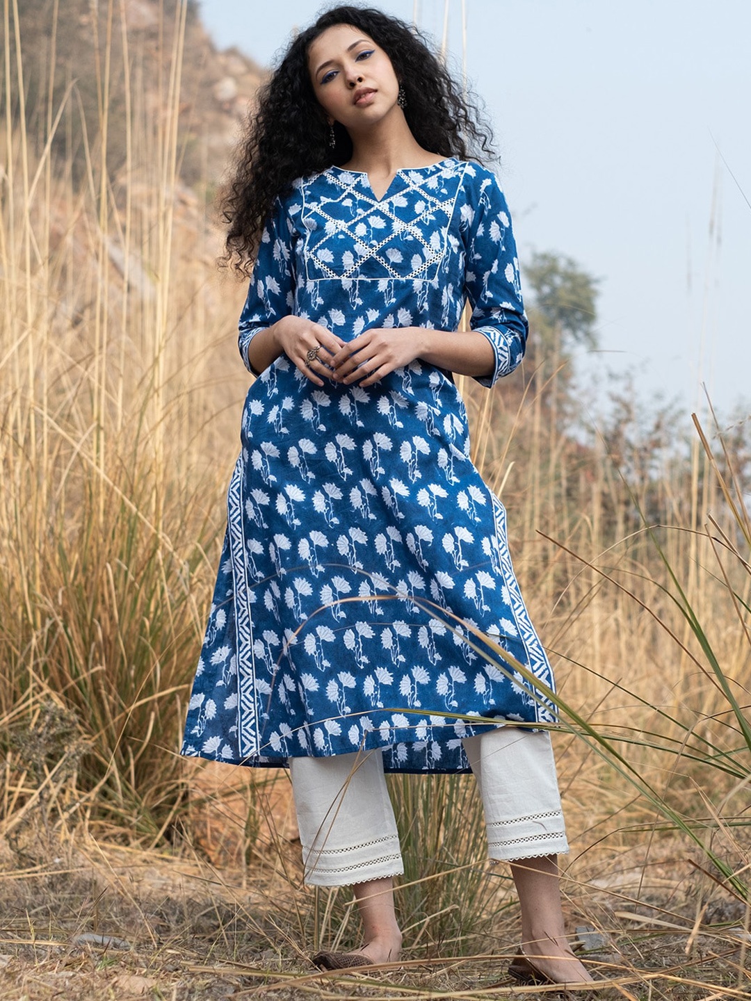 

AKISO Ethnic Motifs Block Printed Lace Detail A-Line Cotton Kurta, Navy blue