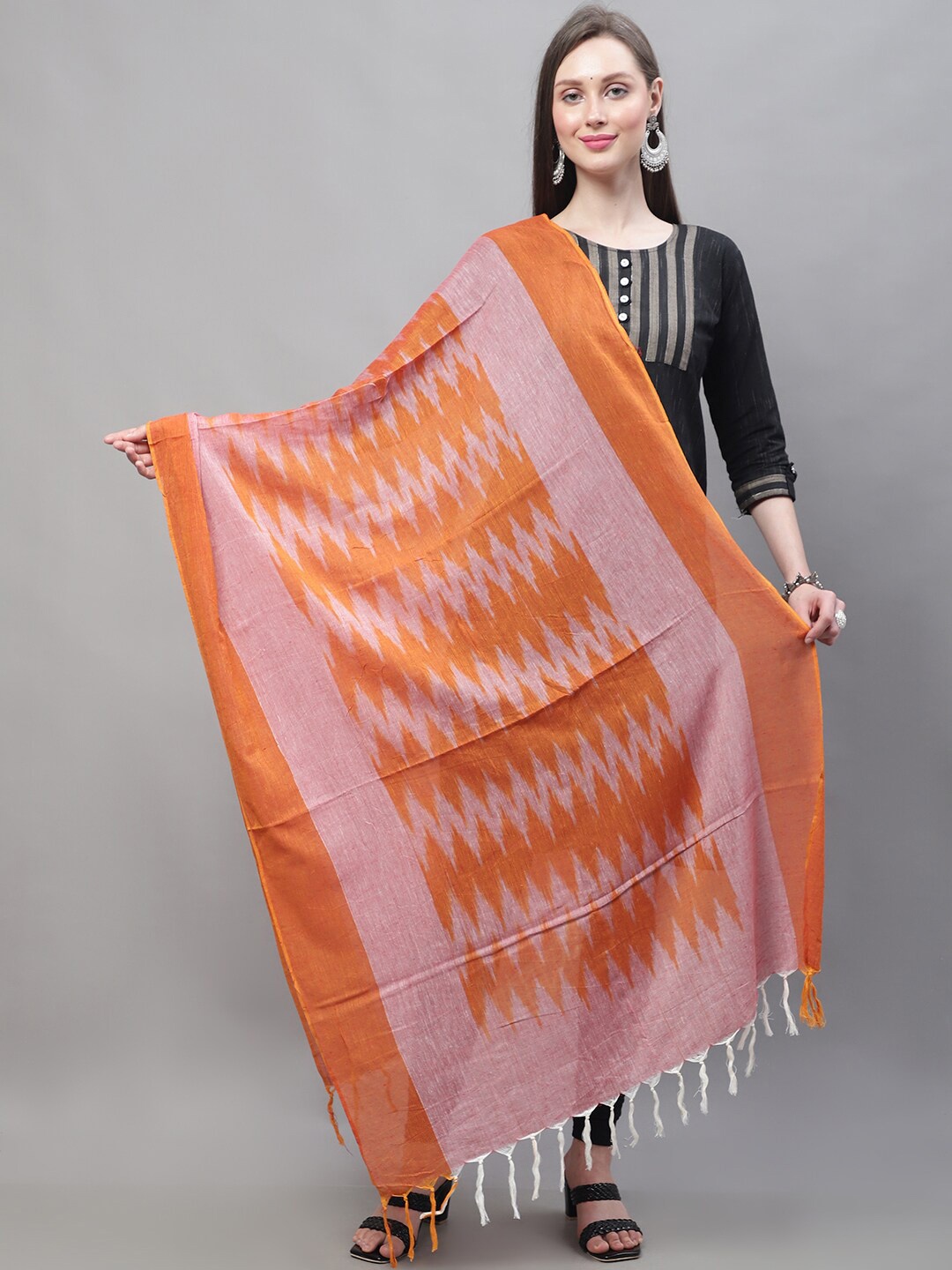 

LOOM LEGACY Woven Design Cotton Dupatta, Orange