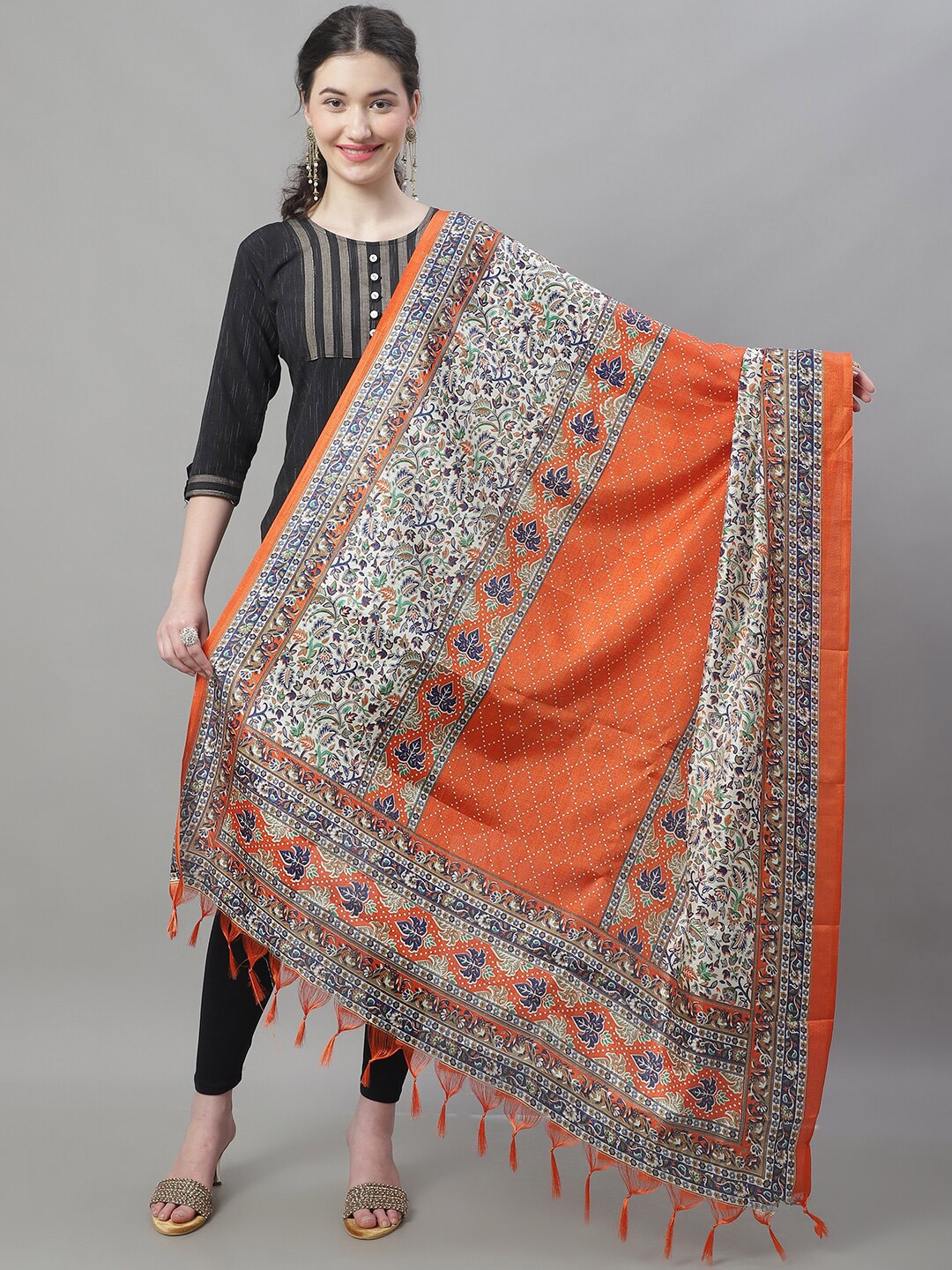 

LOOM LEGACY Floral Motifs Printed Dupatta, Orange