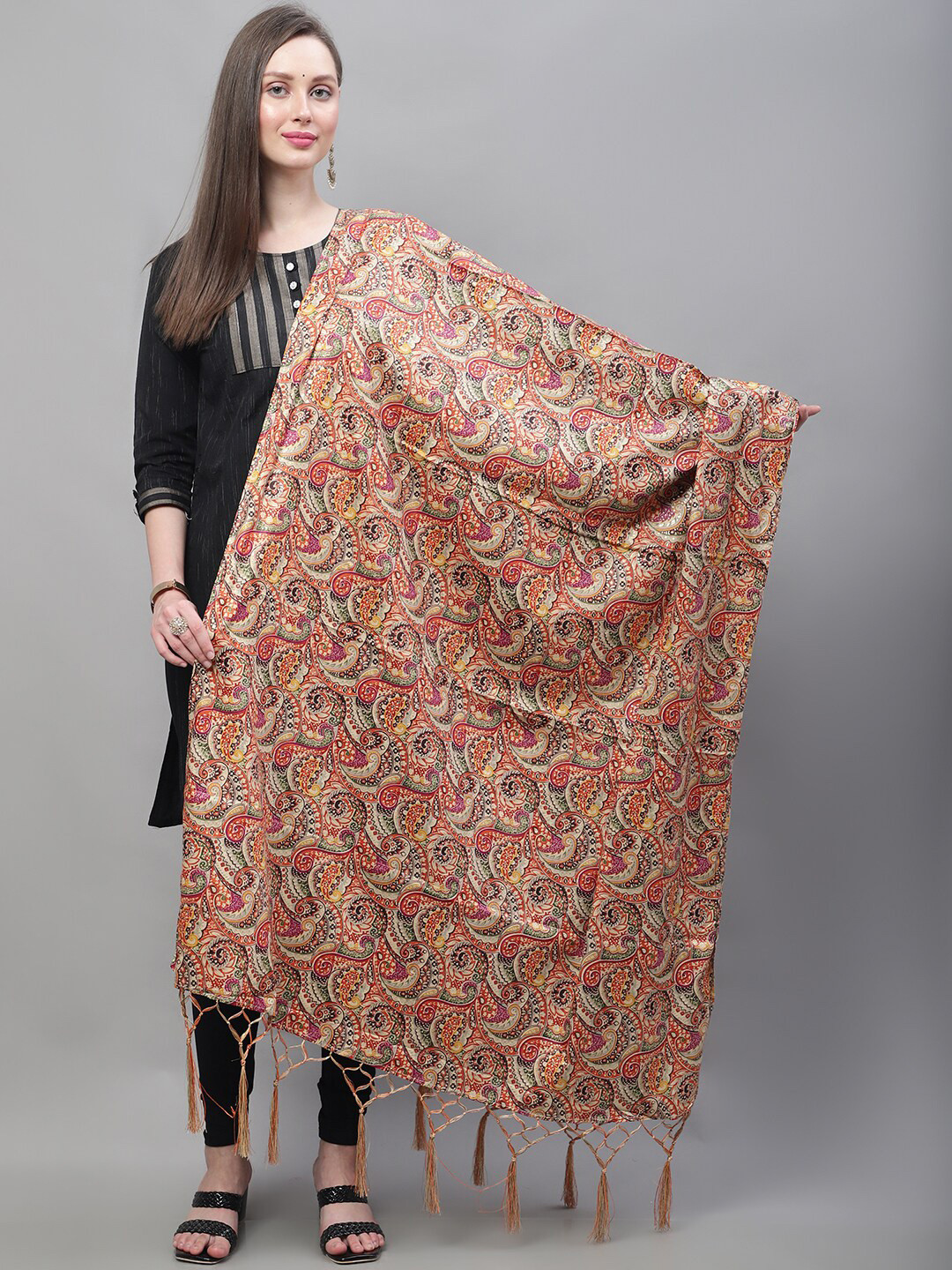 

LOOM LEGACY Paisley Printed Chanderi Dupatta, Orange