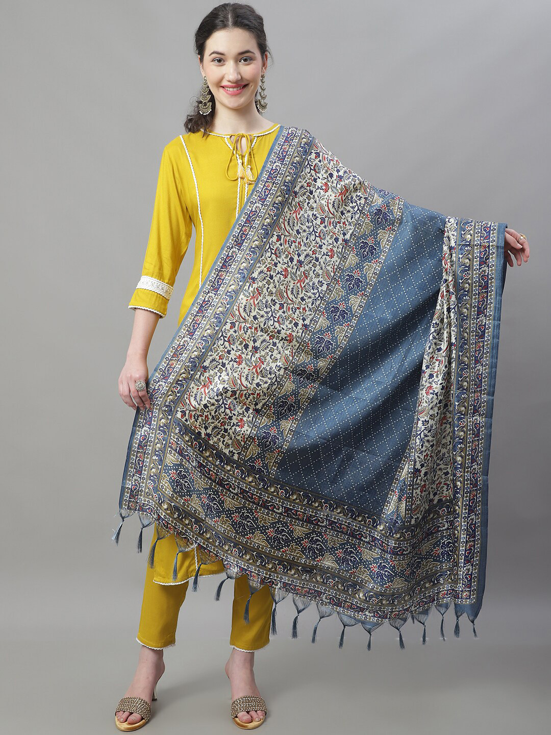 

LOOM LEGACY Ethnic Motifs Printed Dupatta, Grey