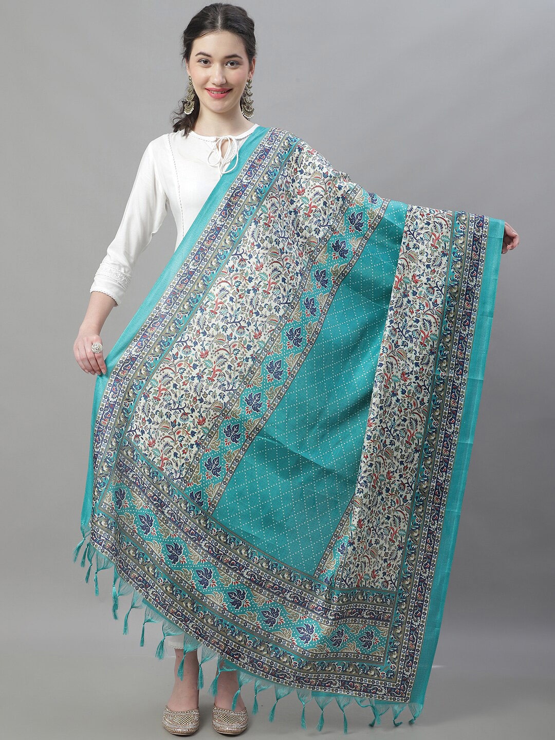 

LOOM LEGACY Ethnic Motifs Printed Dupatta, Turquoise blue