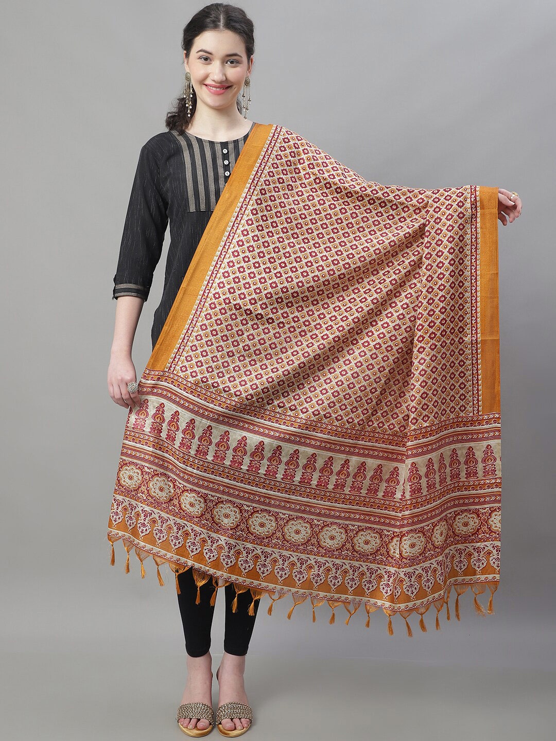 

LOOM LEGACY Ethnic Motifs Printed Woven Dupatta, Red