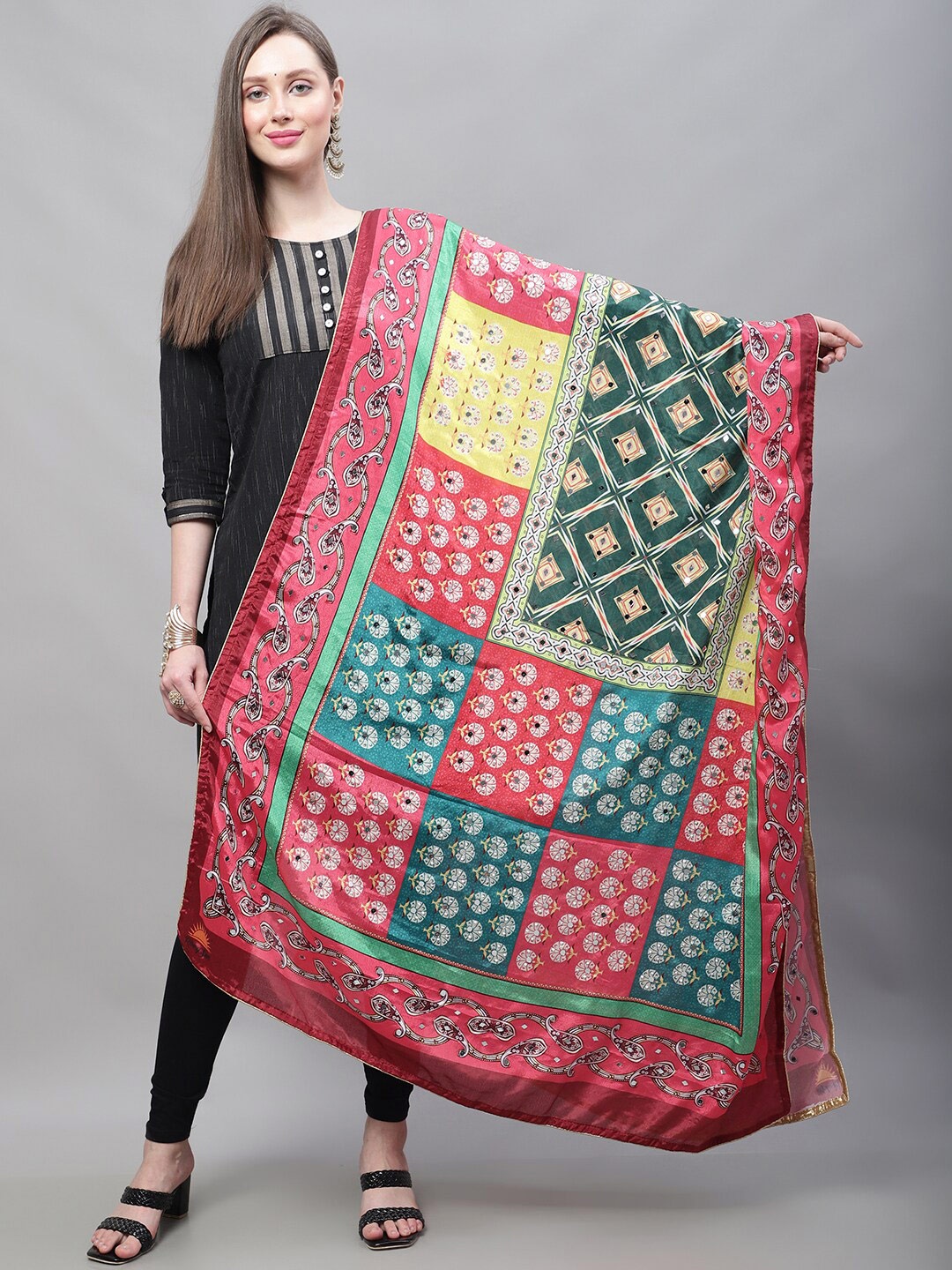 

LOOM LEGACY Ethnic Motifs Printed Mirror Work Cotton Silk Dupatta, Turquoise blue